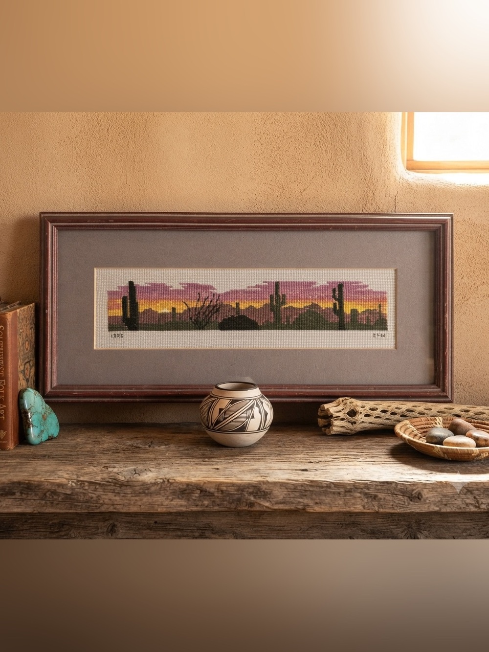 Vintage Framed Panoramic Desert Sunset Cross-Stitch |Dated 1995